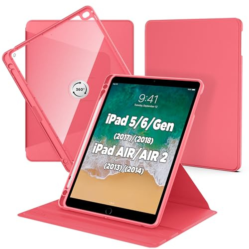 CACOE Rotierende Hülle für iPad 9.7'' (6./5. Generation 2018 2017)/ iPad Air/iPad Air 2 mit Stifthalter, 360 Grad Drehbare Schutzhülle Acryl, Transparente Rückseite Stoßfest Grenze (Wassermelonenrosa)