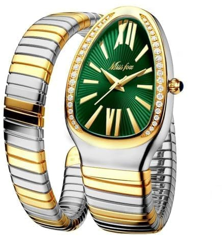 DAXIAOYU Classic Snake Shape Watch for Women Gold Silver Scaleable Bracelet Womens Watches Bling Diamonds Quartz Ladies Wristwatch, silvergold-Green, Classic