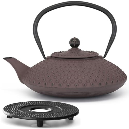 Bredemeijer Tetera de hierro fundido, 1,25 litros, para inducción, plana, color berenjena, juego con posavasos y filtro de té