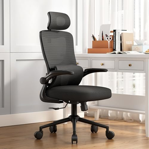 LIYURUI Ergonomischer Bürostuhl, Verstellbarer Schreibtischstuhl mit Kopfstütze/selbstadaptiver Lordosenstütze/gepolsterter hochklappbarer Armlehne, atmungsaktiv 125°Schaukeln 360°Drehstuhl