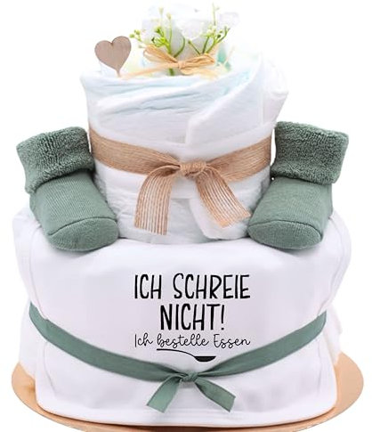 Trend Mama | Windeltorte | Nature Design green | Spruch wählbar | Lätzchen, Kuschelsocken |Geschenk Geburt (Design Ich schreie nicht, ich bestelle Essen)