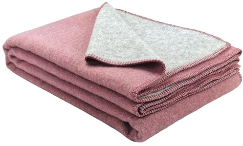 STTS International Wohndecke Wolldecke 100% Schurwolle 150 x 200 cm Tagesdecke Schurwolldecke Plaid Selva Hellgrau-Rosa (DF)
