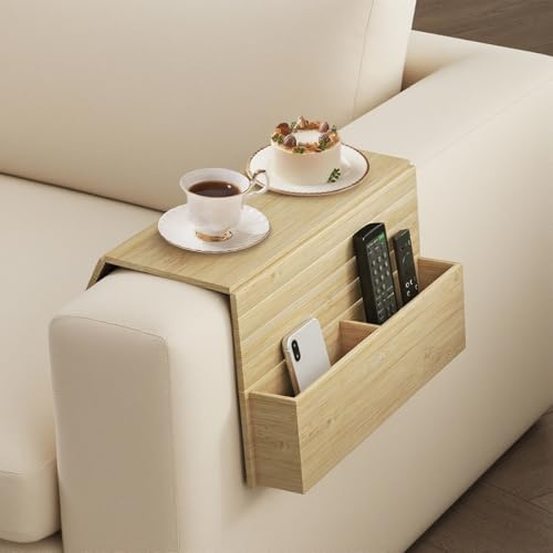 Peiaw Bambus-Sofa-Armlehne mit Getränkehalter und Ablagefach,Faltbares Bambus-Sofatablett,Sofa-Aufbewahrung,Passend für Alle Arten von Sofas, Zuhause und Büro (Holzfarbe)