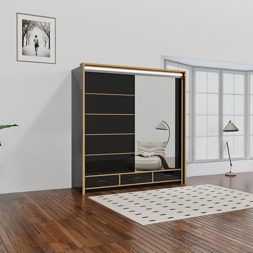 RAC3 Armoire à portes coulissantes avec miroir, lumière LED et tiroirs - Armoire moderne pour chambre à coucher - Noir ou blanc - 205 cm ou 256 cm - Armoire de rangement élégante pour vêtements