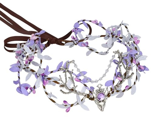 MOSTORY Woodland Elfenkrone für Waldelfe Kostüm Damen, Lila Feen Tiara mit Zweig und Quaste für Party Renaissance Cosplay Karneval