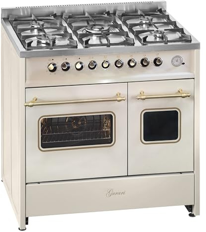 Gurari GCH E 916 Cr R Gas Standherd 90 cm mit Elektro Doppel-Backofen Creme Range Coocker • Erdgas & Propan • 5 Flammen-Gaskochfeld • 90 cm
