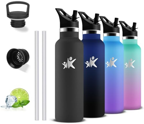 Gourde 500ml, Gourde Isotherme, Bouteille Isotherme, Anti Fuite, Avec Paille, 24h Froid & 12h Chaud, Double Isolation, Bouteilles Isothermes, Reutilisable, Bouteille Inox pour École, Bureau, Camping