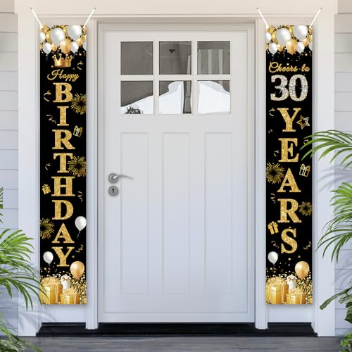 PartyYaa 30. Geburtstagsbanner, 30. Geburtstag Tür Banner Deko, Happy Birthday Banner Party Fotoautomaten Hintergrund Deko Schild Poster für Männer und Frauen (Schwarz Gold)