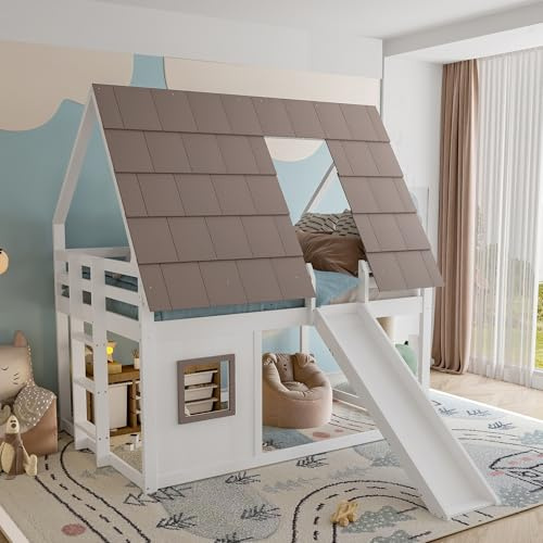 Huayz Etagenbett 140x200 cm, Hochbett mit Rutsche, Kinderbett mit Dach, Hausbett mit Fenster, Spielbett Holzbett mit 1x Lattenrost, ohne Matratze,Weiß+Braun