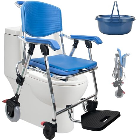 BOVDC Duschstuhl mit Rollen Klappbar für Senioren, 150kg, Wasserdichter | 3-In-1 Dusch Toilettenstuhl Fahrbar mit Rädern, Toilettenstuhl für Senioren mit Rollen, Faltbarer Duschrollstuhl mit Urinal