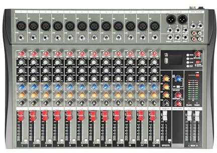 Audio Mixer, 12 Channel Mixing Desk with Bluetooth, USB, 48V Phantom Power, EQ Controls, XLR Outputs – Professional Sound Board Mixing Console for Live Streaming, DJ, Studio Recording