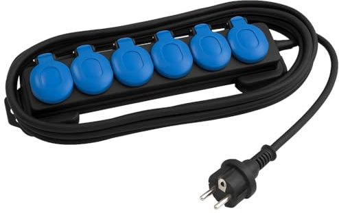 RASMACOR - Base de Enchufe Exterior Estanca IP54 – 6 Tomas Schuko 250 V / 16 A – 3.680 W Máx – Cable 1,5 m – Caja Resistente Uso Exterior Jardin terraza - Alargadera 6 enchufes