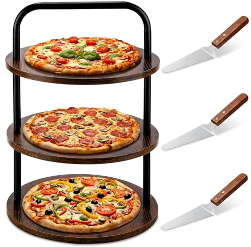 Teecyhooo 4 Pcs Wooden Pizza Stands Tiered Serving Tray Stand with 3 Pizza Servers for Pie Cupcake Dessert Cheese Party Restaurant