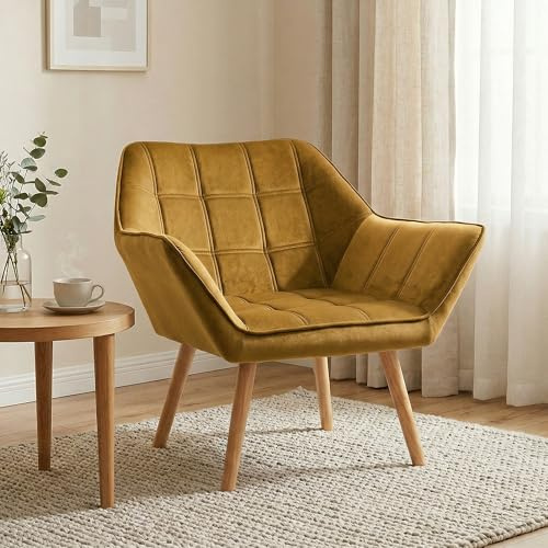 HOMCOM Butaca de Salón Moderna, Sillón Lectura Tapizado en Terciopelo con Patas de Madera, Fácil Montaje, Sillón Relax para Sala de Estar, Dormitorio y Balcón, Amarillo Mostaza