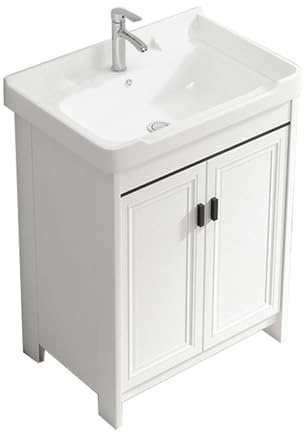 TYMYW Waschtisch Stehend mit Unterschrank 60 cm mit Keramikbecken und Wasserhahn Badezimmerschrank mit Füßen mit Puffertür