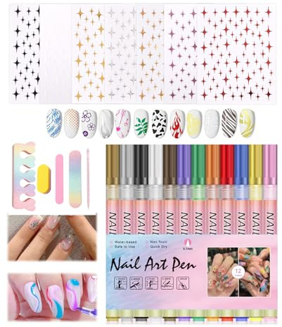 hommova 12 Colors Nail Art Pens, 0.7mm Nails Art Drawing Marker Paint Pen Set with 8 Star sticker for DIY Manicure Tools