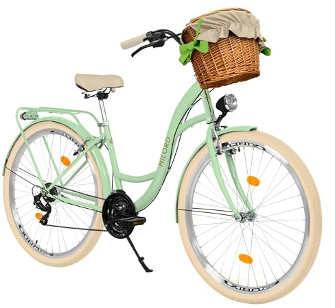 MILORD Damenfahrrad Citybike Komfort Mit Weidenkorb Hollandrad Vintage Fahrrad, 26, 28 Zoll, 21-Gang