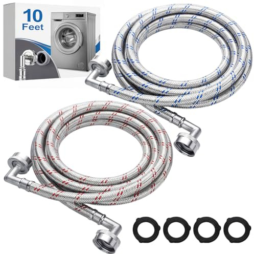 Otoolling 2 Pack 10ft Stainless Steel Washing Machine Hose with Double 90 Degree Elbow for Tight Spaces Proof Hot and Cold Water Supply Hoses 3/4 FHT Connectors for Wash Machines