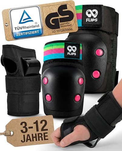 99FLIPS Inline Skateskydd för Barn Set 3-12 år [6-pack] - Skateboard, Skoter och Inline-Skridskoåkning - Knäskydd, Armbågsskydd och Handskydd - SLIDE - Storlek XS - SVART REGNBÅGE