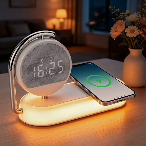 Jaxiyun 4-IN-1 Nachttischlampe, Wecker mit Ladestation, Mehrfach geschützte Schnellladestation, 3 Stufen Touch Dimm Nachtlicht, Schlafzimmer Wecker digital
