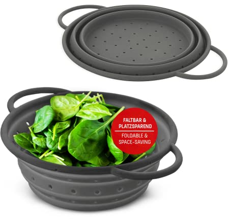 Coolinato – Sieb aus Silikon faltbar 16 cm Grau – Nudelsieb für Pasta, Gemüse & Obst - Küchensieb spülmaschinenfest, BPA-frei, & hitzebeständig bis 230°C - Platzsparendes Abtropfsieb zusammenklappbar