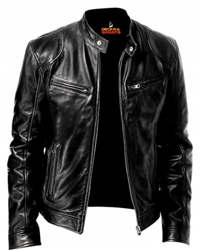Deckra Men's Genuine Leather Jacket – 100% Real Leather, Zipper Pockets, Biker & Casual Style, Multi Pockets and Colors
