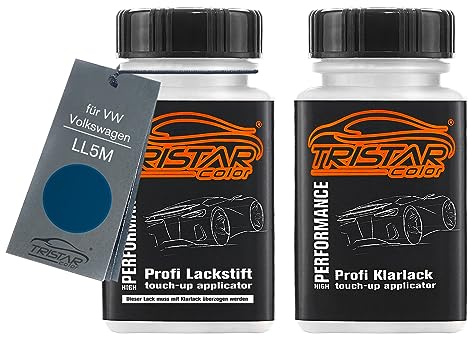 TRISTARcolor Autolack Lackstift für VW/Volkswagen LL5M Indienblau +1K | Indian Blue, Set aus Basislack + Klarlack, Lackfläschchen mit Pinsel, je 50ml