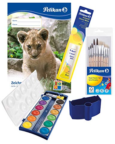 Pelikan 732/7/1/B Deckweiß 1 Tube, 20 ml (5er Set/Deckweiß + Zeichenblock A4 + Pinsel + Wasserbox + Deckfarbkasten)