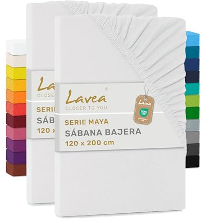 Lavea® Juego de 2 Sábanas Bajeras Ajustables 120x200 cm – para Cama 120, Colchones Altos hasta 20 cm, 100% Algodón, con Elástico, Blanco