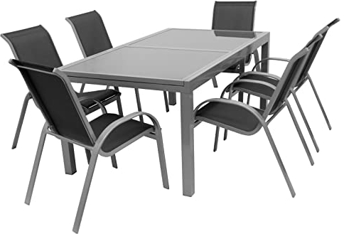 DEGAMO Garnitur Amalfi, Aluminium + Kunststoffgewebe schwarz. 6X Stapelsessel, 1x Ausziehtisch Gross 200/240x100cm mit Glasplatte
