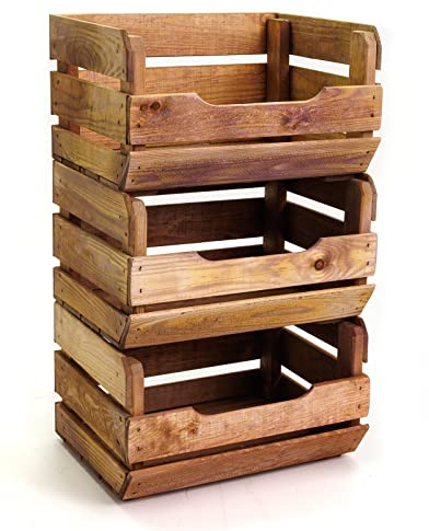 Holzfee Kartoffelkiste TRIO-Set Holz massiv Stapelkiste Obst Gemüse-Kartoffeln | dunkel geölt