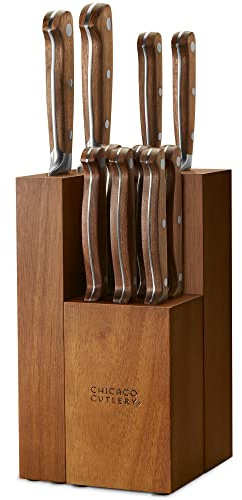 Chicago Cutlery Racine 12-PC Kitchen Knife Wood Block Set, Stainless Steel Knife Block Set, Steak Knives, Serrated, Chef, Utility, and Paring Knife, Removable Steak Knife Block, Walnut Handle