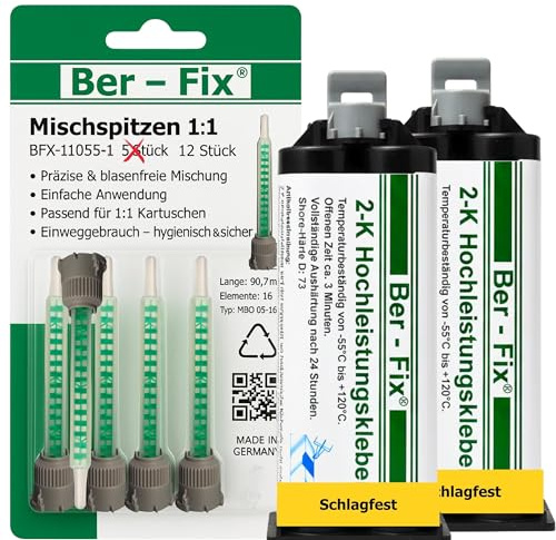 Ber-Fix Hochleistungskleber 2K MMA 3 Min 2x50g + 12 Düsen ohne Pistole | Hochleistungskleber 3 Min als 2x50g-Kartusche; passende Dosierpistole erforderlich, aber nicht enthalten.