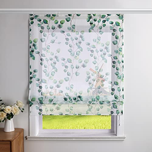 CORLIF Raffrollo Leinenoptik mit Klettband Küche Raffgardine Blätter-Druck Fenster Bändchenrollo Transparenter Kurz Vorhang Landhausstil B/H 100/140 cm Grün