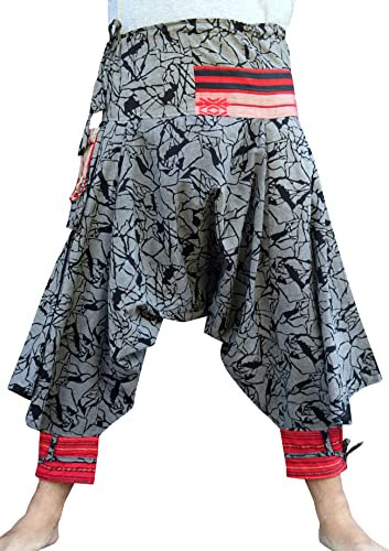 RaanPahMuang Japanese Formal Edo Courtesan Pants with Tied Cuffs and Woven Patches, Aum Cotton - Broken Stone Pattern - Black Gray, Small