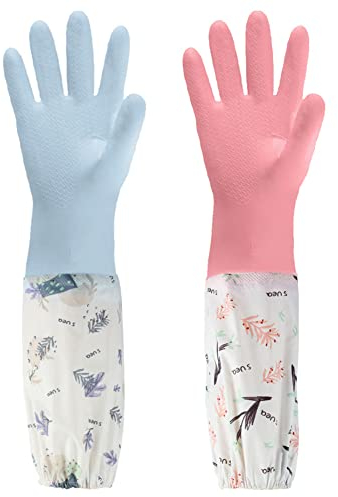 50CM Long Rubber Cleaning Gloves Waterproof Flock Lining Long Cuff Kitchen Dish Washing Household Gloves 2 Pair