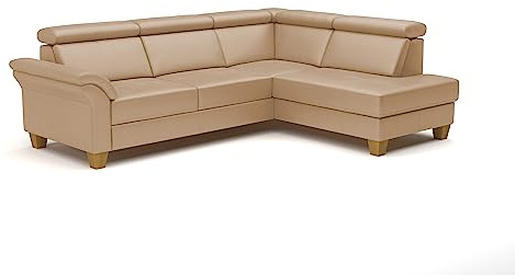 CAVADORE Leder-Schlafsofa Ammerland mit Ottomane / Landhaus-Sofa mit Federkern, Bett, Bettkasten + Kopfteilverstellung / 245 x 84 x 194 / Leder Beige
