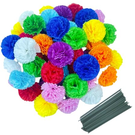 Rikyo 50 künstliche Seidennelköpfe mit Stielen, Vasenfüller für Heimdekoration, Brautschmuck, Hochzeit, Party, Geburtstag, Kuchen, Ornamente, DIY-Handgelenk-Ansteckblumen, 7,6 cm Blütenköpfe und 20,3