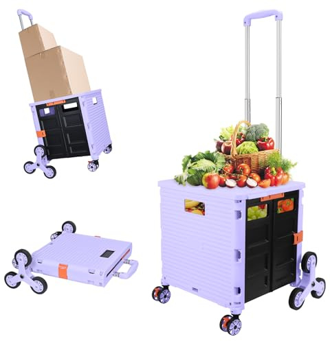 Folding Shopping Trolley 40KG/88.2LBS Stair Climbing Wheels with Lid | Adjustable Aluminium Handle, 360° Front Wheel With Brake, Detachable Wear-Resistant TPE Wheels, Shopping, Camping, Purple