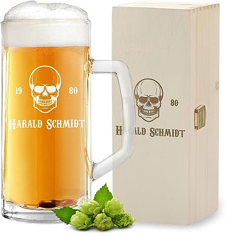 polar-effekt 2-TLG Set Bierkrug aus Glas 500 ml und Holzkiste mit Gravur - Geschenk-Idee für Mann - Bierglas Männer Geschenke zum Geburtstag und Jubiläum - für Biertrinker