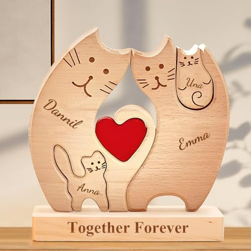 Personalisiertes Holzkunstpuzzle der Katzenfamilie mit 1-8 Namen| Katzenskulptur aus Holz als Desktop-Dekoration Ornament für Zuhause | Tischdekoration, Geschenk für Familie | Bürodekoration