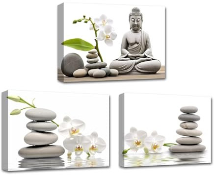 CXHOSTENT Buddha Zen-Bild auf Leinwand Badezimmer Dekoration 3-teilig Buddha Zen Steine Orchideen Wanddrucke für Yoga Arbeitszimmer Dekoration (30.00 x 40.00 cms x 3PCS)