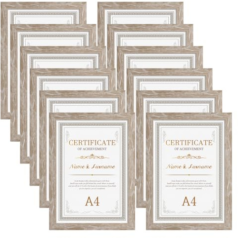 Giftgarden 12 Stück Bilderrahmen A4 Set - Rahmen din A4 für 21x29,7 cm Fotos und Bilder, Beige Holzmaserung Fotorahmen Collage für Kinderzeichnungen Kunstwerke Zertifikate Dokumente | für Fotos und Bilder, Beige Holzmaserung Fotorahmen Collage für Kinderzeichnungen Kunstwerke Zertifikate Dokumente