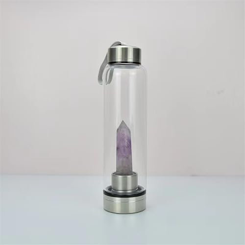 Natural Crystal Water Bottle Reusable Water Bottle With Gemstone Center Healing Obelisk Wand Elixir Quartz Crystal Water Bottle Quartz Crystal Wand Point Reiki Healing Crystal Glass Bottle ( Color : A