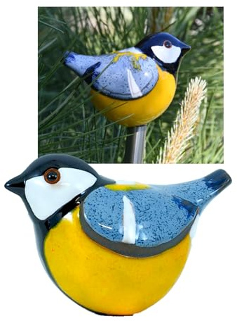 Midene Gartenstecker Keramik Handgefertigt - Gartendeko für Draußen Wetterfest - Garten Deko Keramik - Vogel Gartenfiguren & Gartenstatuen - Blaumeise/Meise