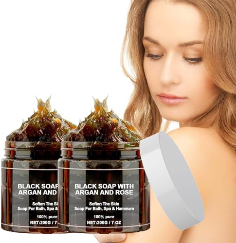 Marokko Schwarze Seife mit Argan und Rose, 100% Organische Marokkanische Schwarze Seife, Schwarze Seife Körper Peeling Seife, Marokko Körperpeeling, Peeling Duschgel für Weiche Haut - 200g (2PC)