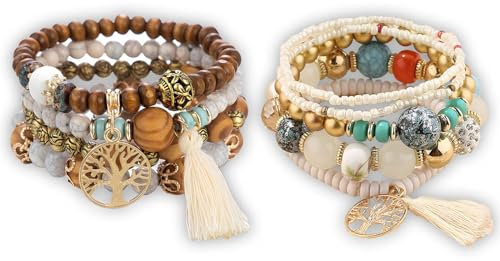 Lebensbaum Armband Set - Boho Damen Holzperlen Quaste mit Baum des Lebens Charm, Chakra und Natürliches Kristall-Heilsteine für Frauen