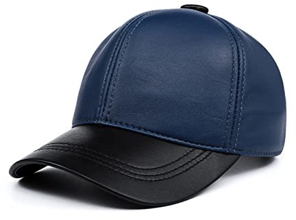 JOLIANE Echtleder Baseballkappen weiße Schwarze Herrenhüte und -Kappen Echtes Leder Winter gekrümmte Krempe Snapb-Ack-Hut - Schiebermützen(Dark Blue)