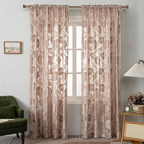 Beydodo Gardine mit Stangendurchzug, Vorhänge Braun 2er Set Lichtdurchlässig 132x160CM Jacquard Blumen Motiv Landhausstil Gardinenschals Polyester Vorhänge Halbtransparent Wohnzimmer Schlafzimmer