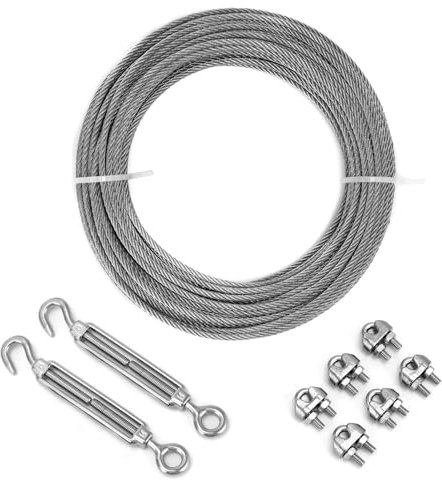 QWORK® Wire Rope 3mm, 304 Stainless Steel Wire Rope Set, 20M Steel Rope with M5 Turnbuckle Rope Tensioner, for Outdoor Lights Hanging, Fences, Clothesline